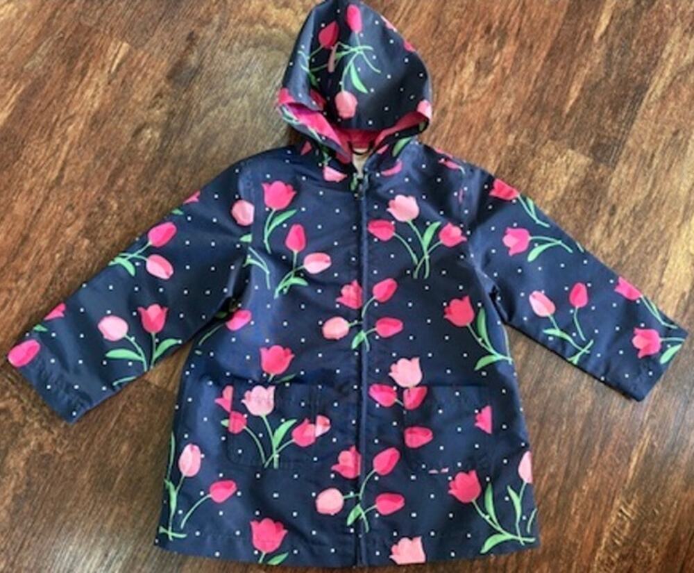 Gymboree Girls Size 3-4 Blue Floral Rain Coat Hooded Light Jacket EUC